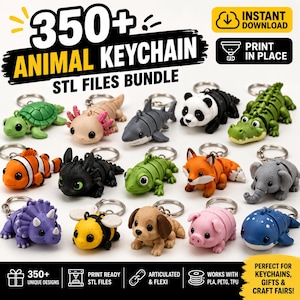 以下が含まれることがあります： カメ、ウーパールーパー、サメ、パンダ、ワニなど、動物のキーホルダーのコレクション。キーホルダーはカラフルで詳細で、さまざまな動物がいます。画像には「350+ Animal Keychain STL Files Bundle」というテキストが含まれています。