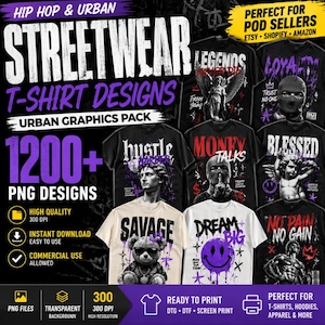 Puede incluir: Gráfico promocional para diseños de camisetas streetwear. La imagen presenta múltiples maquetas de camisetas con gráficos de temática urbana, incluyendo texto e ilustraciones. El paquete de diseño incluye más de 1200 diseños PNG, alta resolución y listo para imprimir.