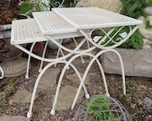 Set of Three White Metal Nesting Patio Tables Plant Stands with Scroll Metal Leaf Accents