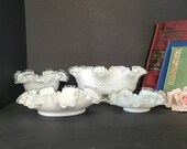 Set of Four Fenton Silver Crest Decorative Bowls Large Silvercrest White Spanish Lace Ruffled Edge Bowl Lot of Ruffle Clear Edge Fenton