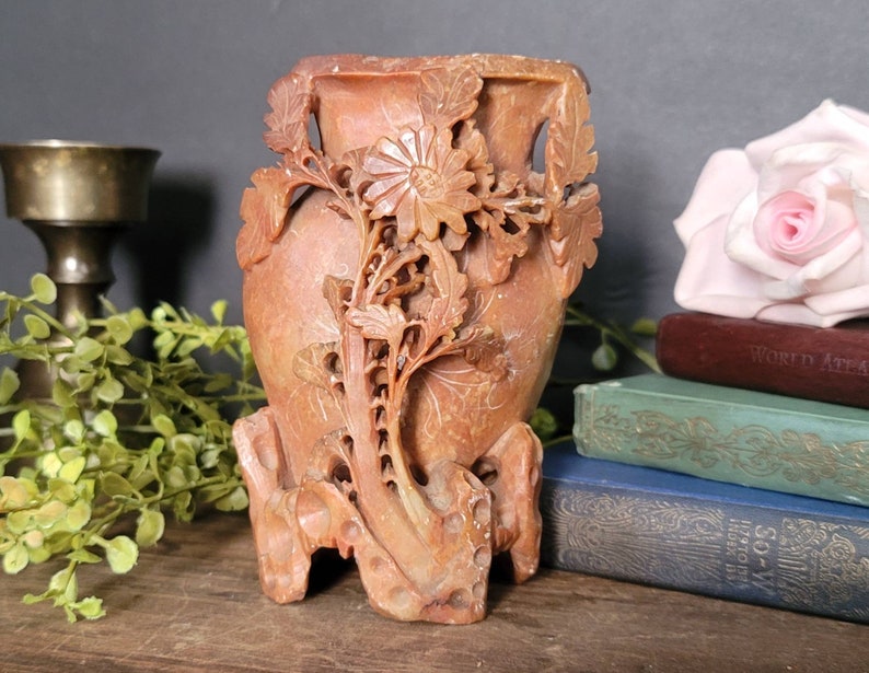 Hand Carved Asian Soap Stone Brush Pot or Inkwell Asian Art Carving Vintage Chinese Soapstone Vase Vintage Asian Decor