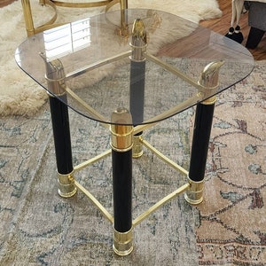 Vintage Brass Faux Tusk and Black Laquer Side Table with Smoked Glass Top | 1980s Brass Horn End Table