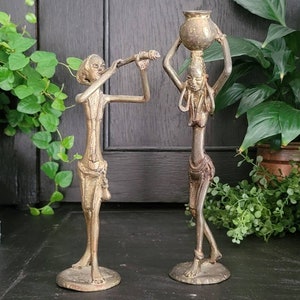 Set of Two West African Brass Tribal Statues | Handmade in Burkina Faso | Eclectic African Home Decor Sculptures