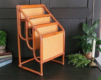 Vintage Selamat Designs Rattan Magazine Rack | Boho Three Tier Bent Bamboo Magazine or Newspaper Storage Rack