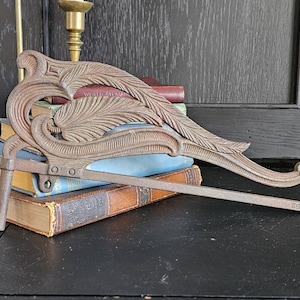 Vintage Feather Scroll Swing Arm Curtain Holder Rod | Rusty Victorian Style Architectural Salvage Swinging Curtain Panel Holder