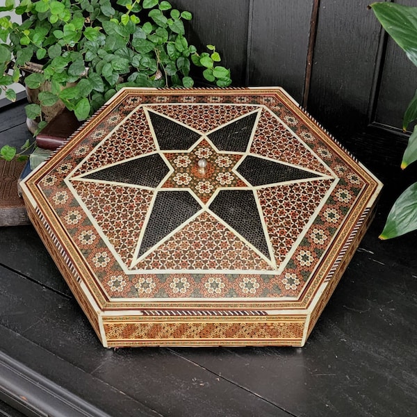 Large 15" Persian Khatam Inlaid Wood Micro Mosaic Trinket Box | Egypitan Inlaid Wood Geometric Marquetry Design Jewelry Box w Metal Handle