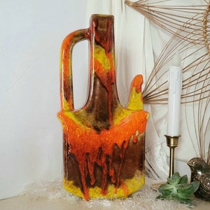 Vintage Orange Brown and Yellow Drip Glaze Pottery Teapot | Mid Century Modern Shaped Tall 1970s Ceramic Tea Pot | Groovy Kitchen Decor