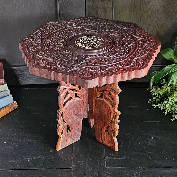 Moroccan Sheshum Wood Folding Table | Vintage Bohemian Inlaid Wood Plant Stand | Boho India Carved Wood Side Table with split top