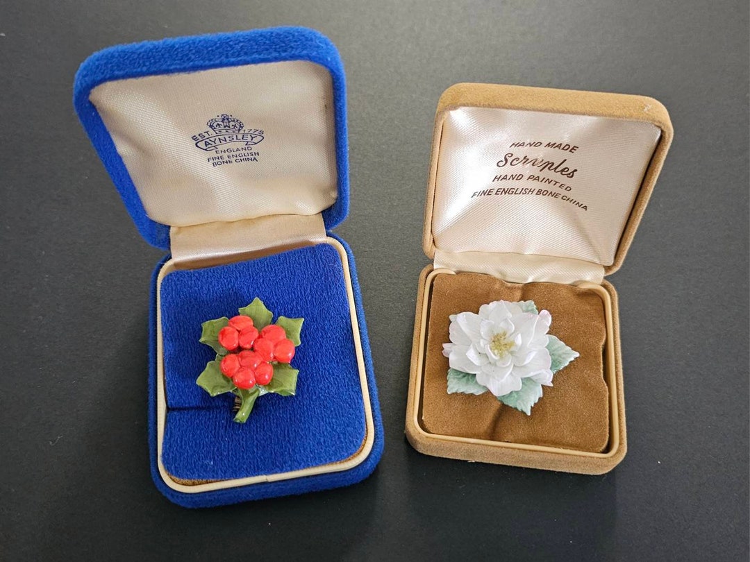 Two Vintage Fine English Bone China Brooches or Pins Hand Made Scruples
