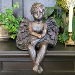 Vintage Brass Shelf Sitter Cherub | 13.5&quot; Tall Bronze Toned Brass Sitting Cherub Angel
