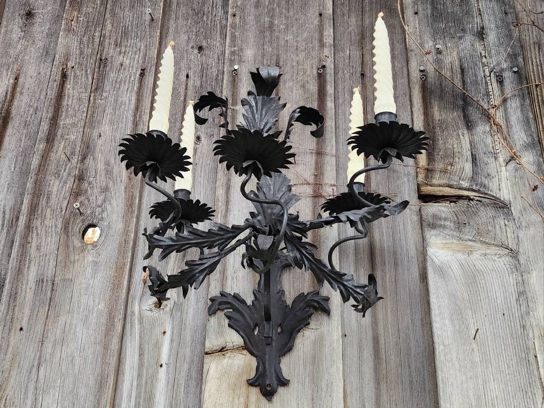 Beautiful Ornate Black Metal Acanthus Leaf Wall Candle Sconce Intricate