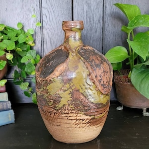 Mid Century Studio Pottery Vase | Heavy 10&quot; Stoneware Vase | Brutalist Pottery Jug or Vase in Browns and Greens | Vintage Abstract Vessel