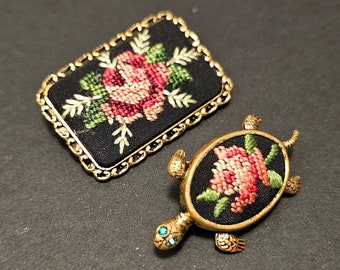 Collection of Two Needlepoint Flower Brooches | Embroidered Turtle and Rectangle Gold Trimmed Brooch Pins