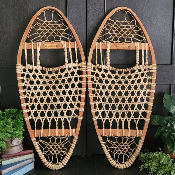 Pair of Vintage Rustic Leather and Wood Snow Shoes | The American Snow Shoe by Walter F. Tubbs | 32" Long Wooden Frame Webbed Snow Shoes