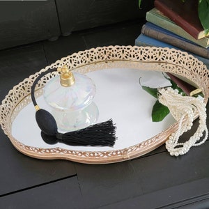 Vintage Ornate Rosegold Filigree Mirrored Vanity Tray |Quatrefoil Mirror Vanity Tray Painted Pearly Rose Gold | Perfume Tray | Dresser Tray