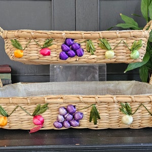 Two Vintage Woven Rectangle Baskets With Raffia Fruit and Handles | Boho Raffia Planter, Fruit, Bread Basket with Raffia Fruit and Foliage