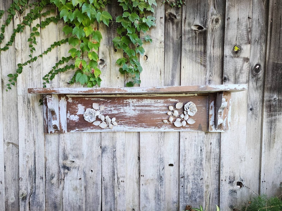 Large 55 Distressed Wood Shelf With Chippy White Paint Etsy