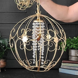 Gold Whimsy Cinderella Swag Lamp with Curly Metal and Glass Crystals | Vintage Gold Metal Scroll Spanish Swag Light