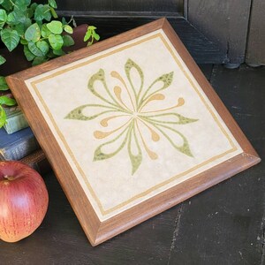 Large Vintage Tile Trivet with Wood Frame | 1970s Avocado Green and Harvest Gold Tile Trivet | Retro Kitchen Decor Trivet made by JA Company