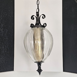 Working Vintage Spanish Metal Scroll Electric Swag Light | Black Hanging Light with Clear Glass Globe | Curly Metal Plug-in Swag Light