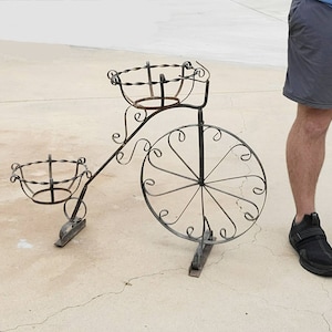 Large 34&quot; Long Vintage Iron Scroll Garden Bicycle Plant Stand | Rusty Black Curly Metal Bike Plant Stand with Two Round Planter Baskets