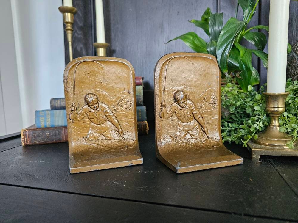 Rare Pr Ca 1930’S Bookends Fly Fisherman Landing Fish in Net