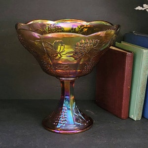Orange Indiana Glass Pedestal Bowl | Amber Iredescent Carnival Glass Footed Bowl | Harvest Gold Grapes and Leaves Pedestal Compote Bowl