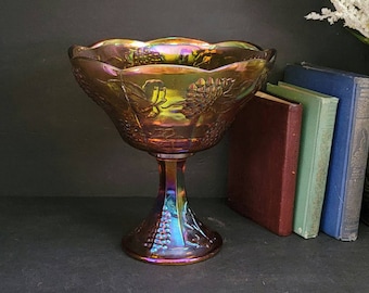 Orange Indiana Glass Pedestal Bowl | Amber Iredescent Carnival Glass Footed Bowl | Harvest Gold Grapes and Leaves Pedestal Compote Bowl