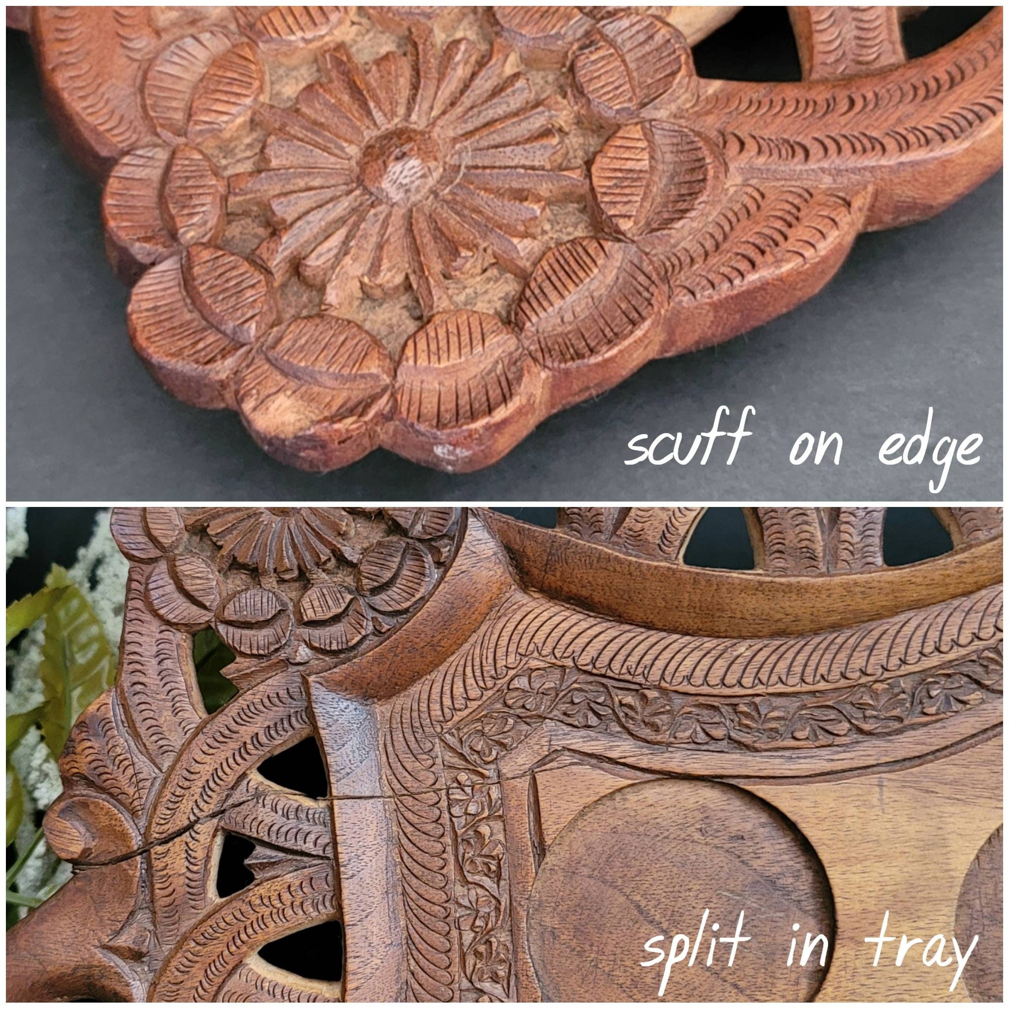 Vintage Moroccan Carved Sheshum Wood Tray With Six Turned