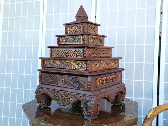 Antique Indonesian Bothekan Candi Wood and Gilt B… - image 3