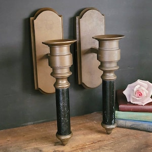 Pair of Substantial Heavy Brass and Black Accented Wall Mount Candle Sconces | Vintage Spanish Style Brass Tealight Candle Sconce Set