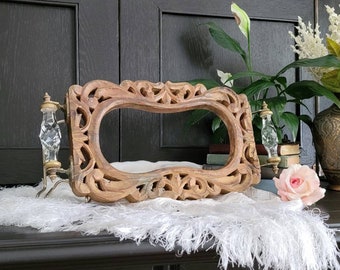 Vintage Carved Wood Tray Frame with Brass and Cut Glass Handles | Decorative Rustic Moroccan Carved Wood Tray Frame w Ornate Glass Handles