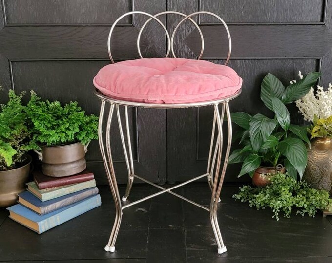 Mid Century Gold Vanity Chair Vintage Golden Brass Tone Round Vanity