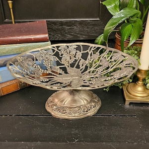 Vintage Distressed Pedestal Fruit Bowl with Embossed Grape Vine Basin