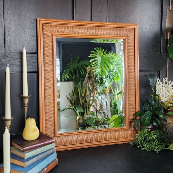 Vintage Beveled Glass Mirror with Faux Woven Rattan Frame | 26.5" by 22.5" Boho Asian Style Framed Wall Mirror