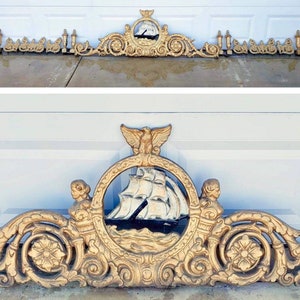 10ft Antique 1920s Maritime Filigree Cast Metal Exterior Overdoor Pediment w/ Sailing Ship Boat Figureheads Eagle PICK UP ONLY