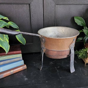 Vintage Hand Forged Copper Pot | Footed Aged Copper Pot with Iron Legs and Handle | French Spanish Copper Garden Planter Pot