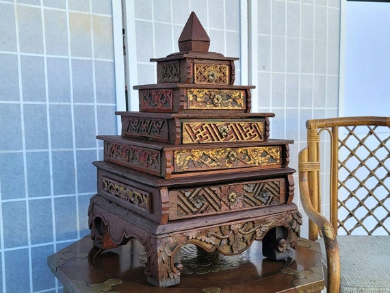 Antique Indonesian Bothekan Candi Wood and Gilt B… - image 2