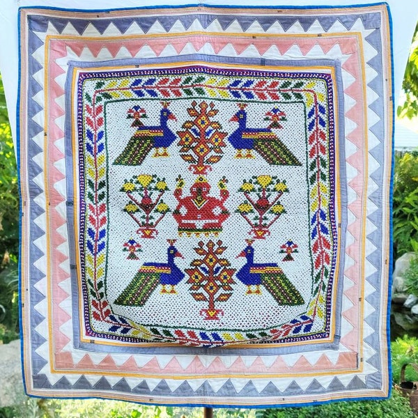 Vintage 68cm X 66 Gujarat Beadwork Wall Hanging | Geometric Fabric Border Saurashtra Region Beaded Textile | India Bead Work Tapestry Panel