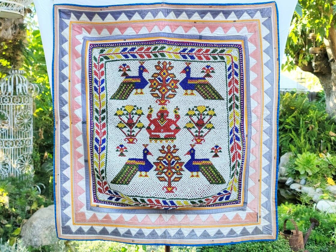 Vintage 68cm X 66 Gujarat Beadwork Wall Hanging | Geometric Fabric Border Saurashtra Region Beaded Textile | India Bead Work Tapestry Panel