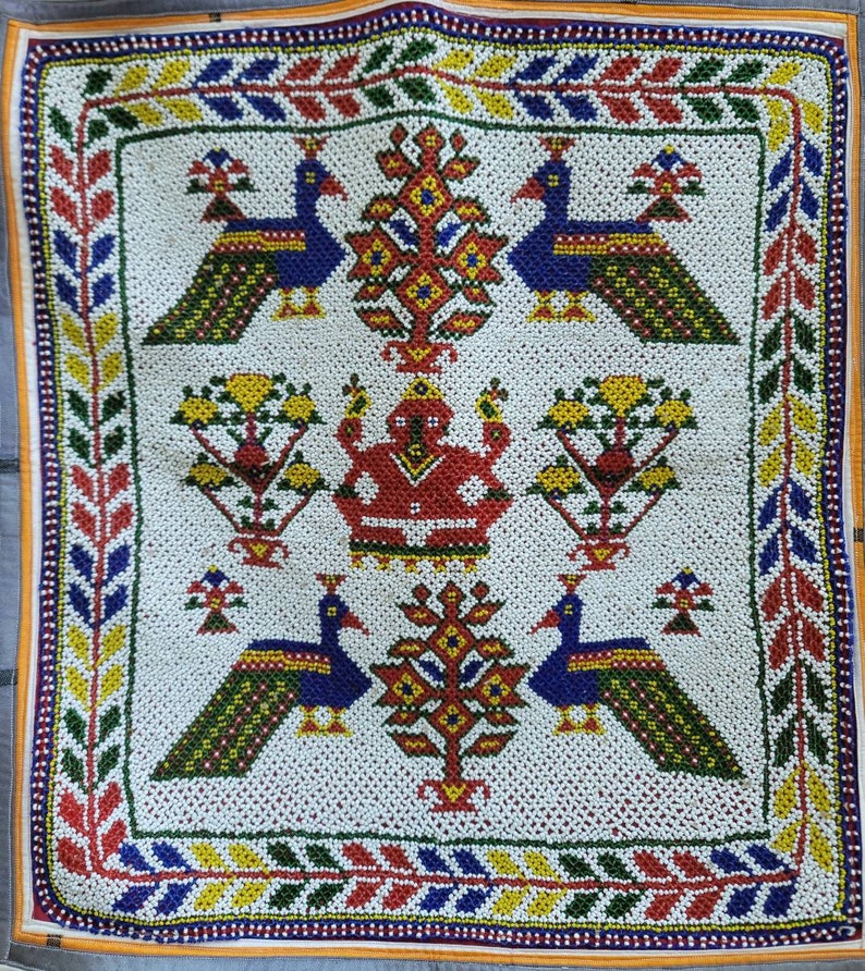 Vintage 68cm X 66 Gujarat Beadwork Wall Hanging Geometric Fabric Border Saurashtra Region Beaded Textile India Bead Work Tapestry Panel image 2