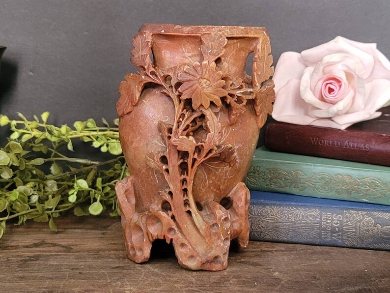 Hand Carved Asian Soap Stone Brush Pot or Inkwell Asian Art Carving Vintage Chinese Soapstone Vase Vintage Asian Decor