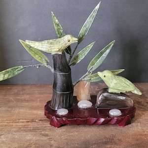 Vintage Jade Sparrow Carvings on Wood Base | Semi Precious Stone Asian Bird Sculpture on Black Bamboo Bonsai Tree With Polished Rock Details