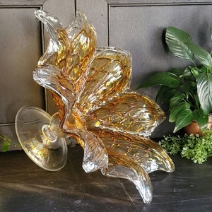 20" Flower Shaped Footed Bowl with Amber and Clear Murano Glass | Large Vetro Eseguito Secondo La Tecnica Dei Maestri Di Murano Flower Dish