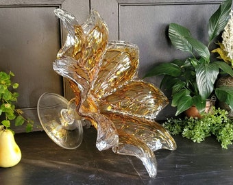 20" Flower Shaped Footed Bowl with Amber and Clear Murano Glass | Large Vetro Eseguito Secondo La Tecnica Dei Maestri Di Murano Flower Dish