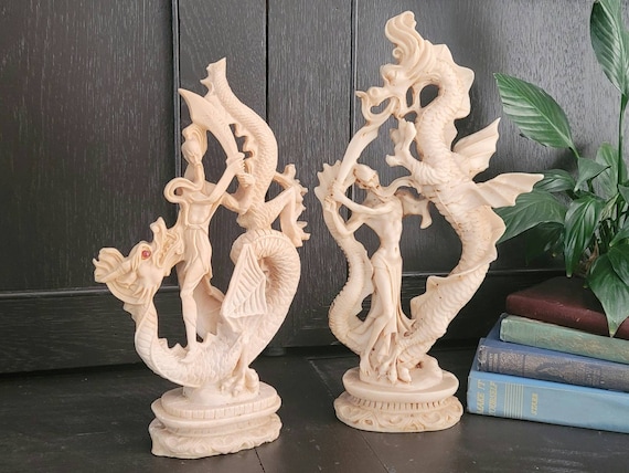 Pair of Vintage Faux Ivory Asian Dragon Slayer Statues | Two  display picture 1