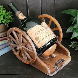 Courvoisier Bottle With Wood Cannon Cradle | The Brandy of Napoleon, Fine Champagne, Cognac Bottle with Cannon Wheel Frame Made in France