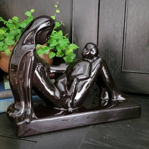 Black Ceramic Haeger Mother and Child Statue | 1980s Haeger # 6053 Mother and Baby Child Sculpture | Boho Eclectic 80s Home Decor