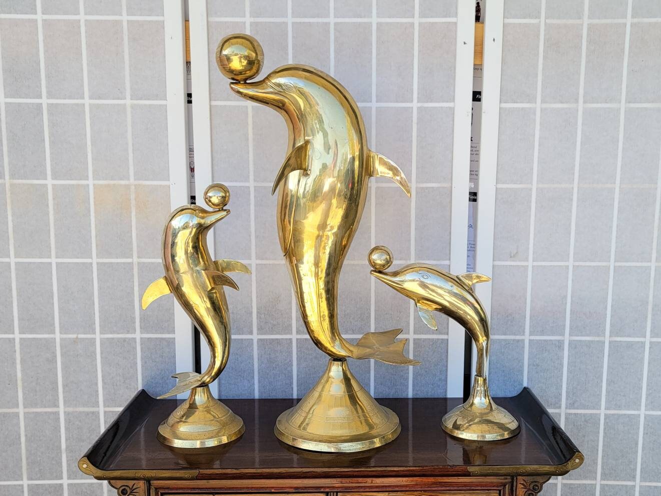 22" Tall Set Of Three Large Brass Dolphins With A Ball On Their Nose | Vintage Nautical Dolphin Beach Seaside Home Decor