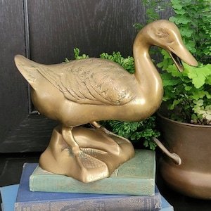 Vintage Brass Duck Statue | Vintage Verdigris Patina Pond Duck | Brass Aquatic Wildlife Nature Decor